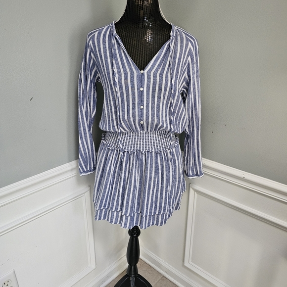 Rails Size S Jasmine Mini Dress Tie-Neck Smocked-Waist Azure Striped Lin… - Picture 3 of 16